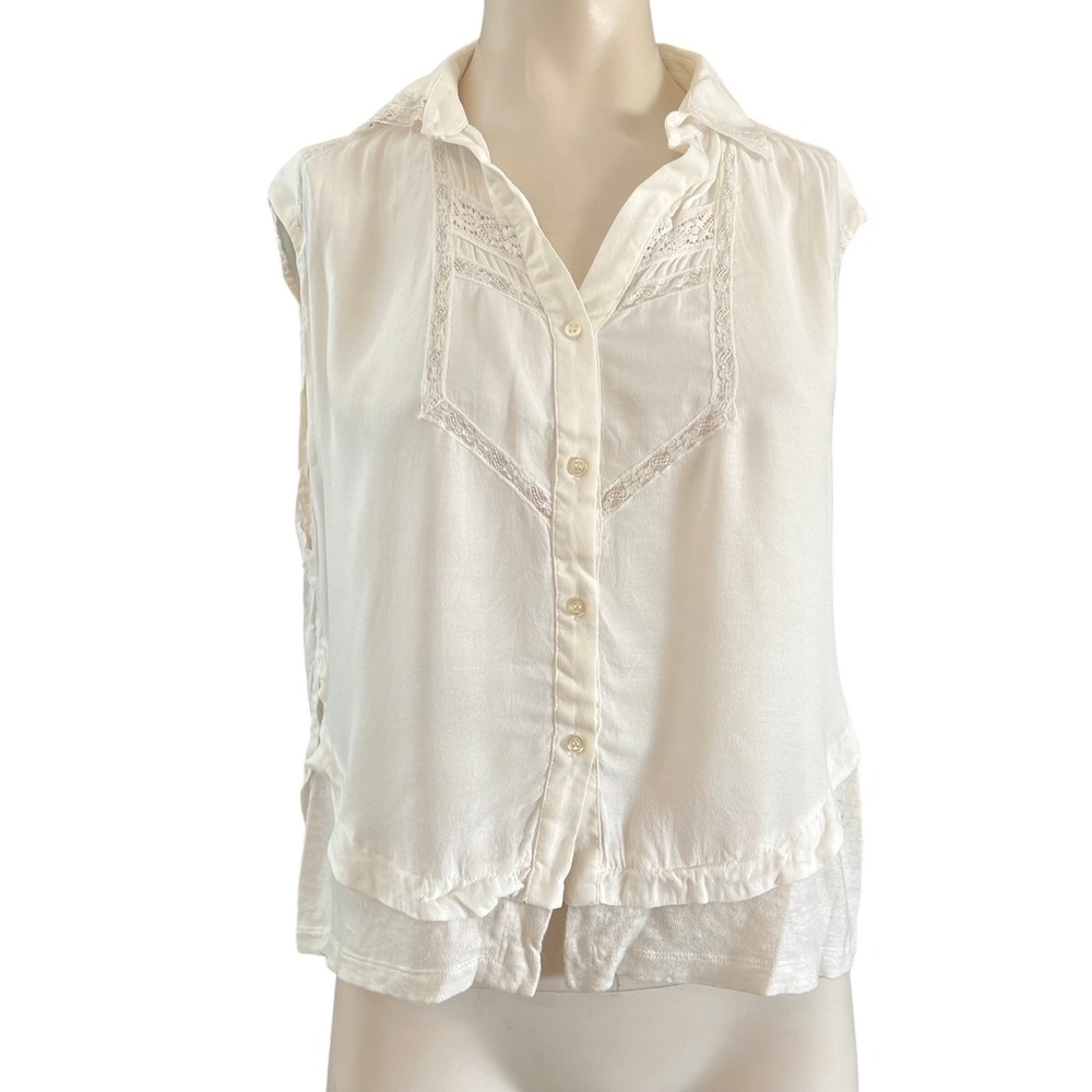 Maje Ivory Sleeveless Layered Lace Trim Linen Blend Button Down Top Size 1 S